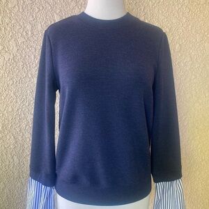 Nordstrom Signature Navy Blue Sweater With White and Blue Striped Bell Sleeve XS